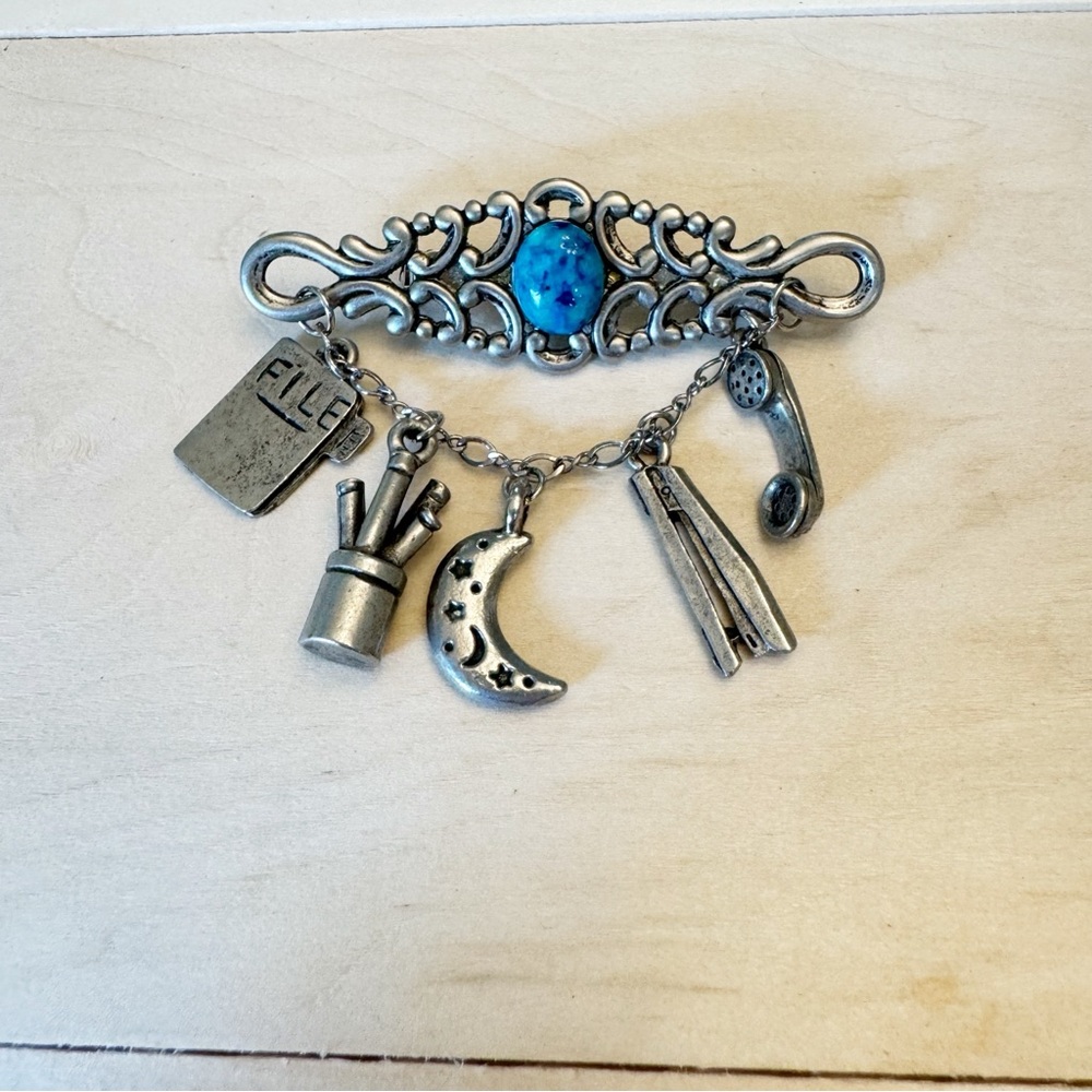 Vintage Faux Turquoise Silver Tone Office Charm Brooch Pin